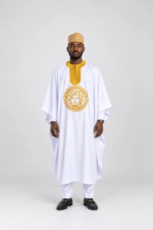 White and Gold Emblem Agbada Set