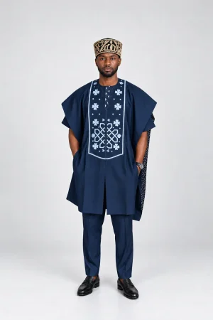 Navy Blue Floral Embroidered Agbada Set