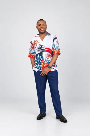 White Tropical Print Shirt and Navy Trouser Set
