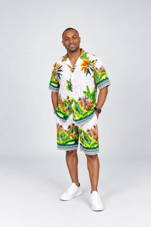 White Tropical Print Shirt and Shorts Set