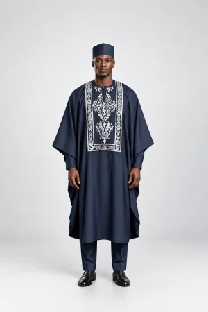 Navy and Silver Embroidered Agbada Set